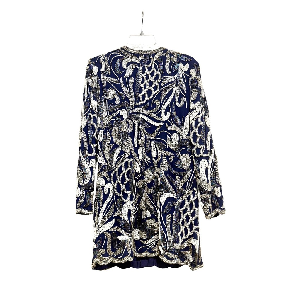 Vinnie Womens Navy Blue Silk Beaded Floral Evening Jacket Duster Size L Vintage - Picture 2 of 7